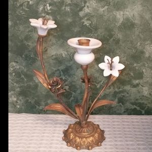 VTG Toleware Porcelain & Brass Floral Single Light Candle Holder - Rare